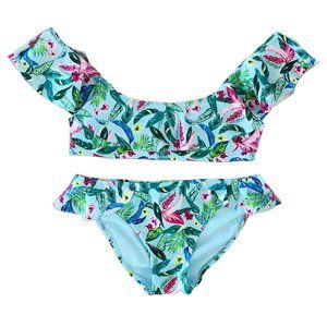 ZARA | Girls Turquoise Blue Tropical Print Bikini w/Frill Trim | Size 11-12